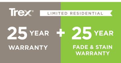 Trex offers a 25-Year Limited Residential Warranty plus a 25-Year Limited Residential Warranty Against Fading and Staining on several decking products.