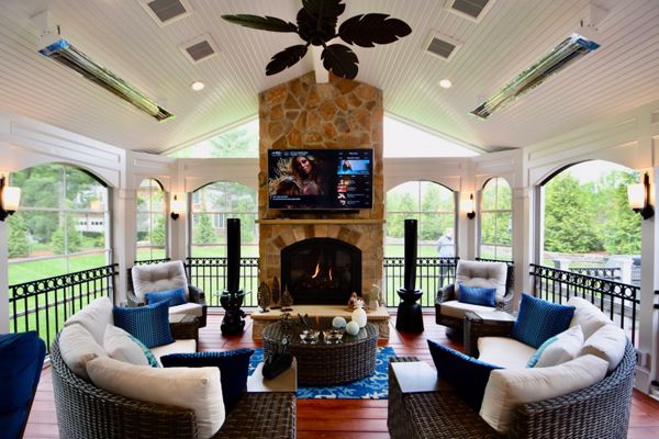 Trex screened porch w/ fireplace & arch trim