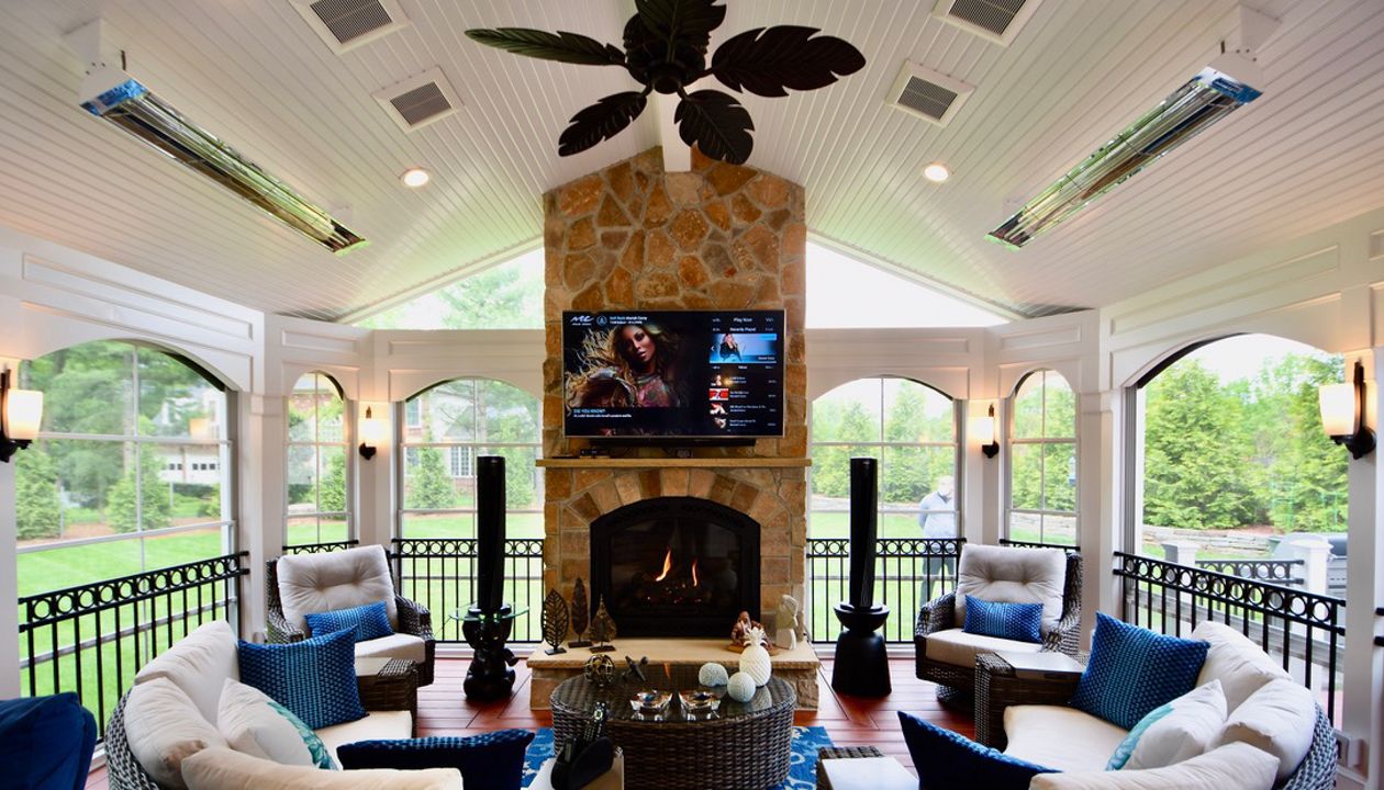 Trex screened porch w/ fireplace & arch trim