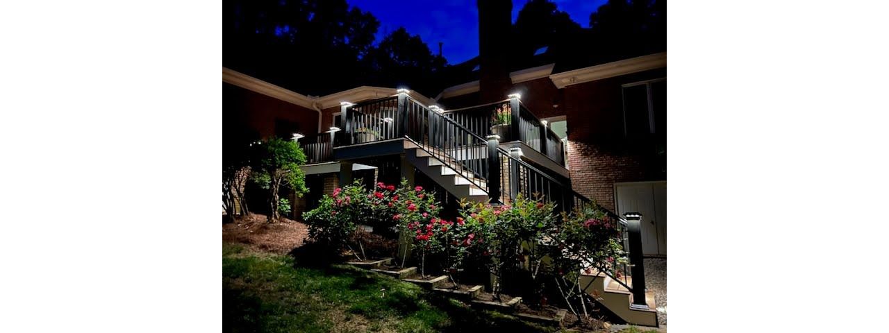 Trex Linage Jasper Staircase and Deck Under Low Voltage Deck Lighting Glow, Raleigh NC