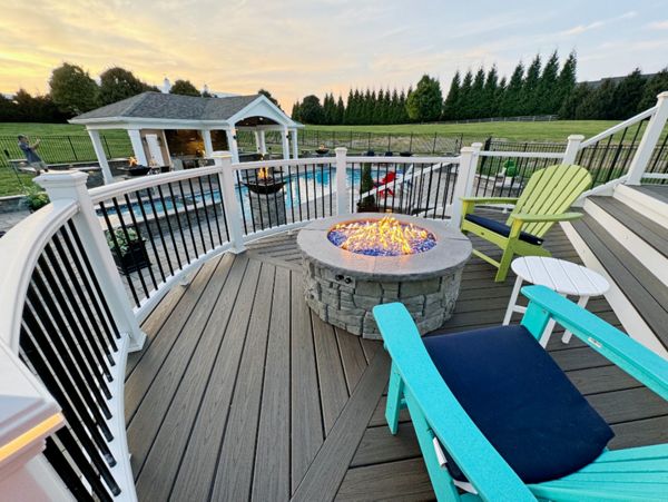 Firepit on Trex deck overlooking pool & pavilion Sandy Spring MD