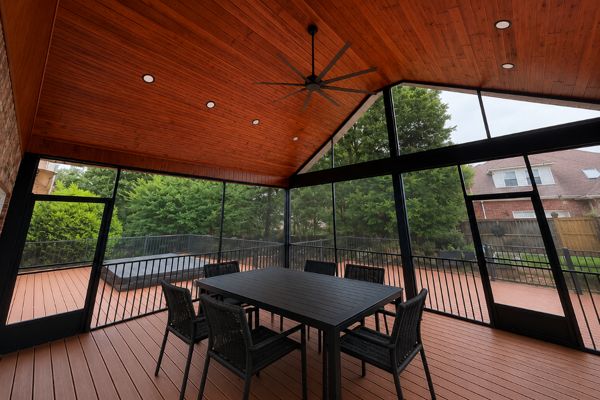 Hatteras covered deck with lap pool