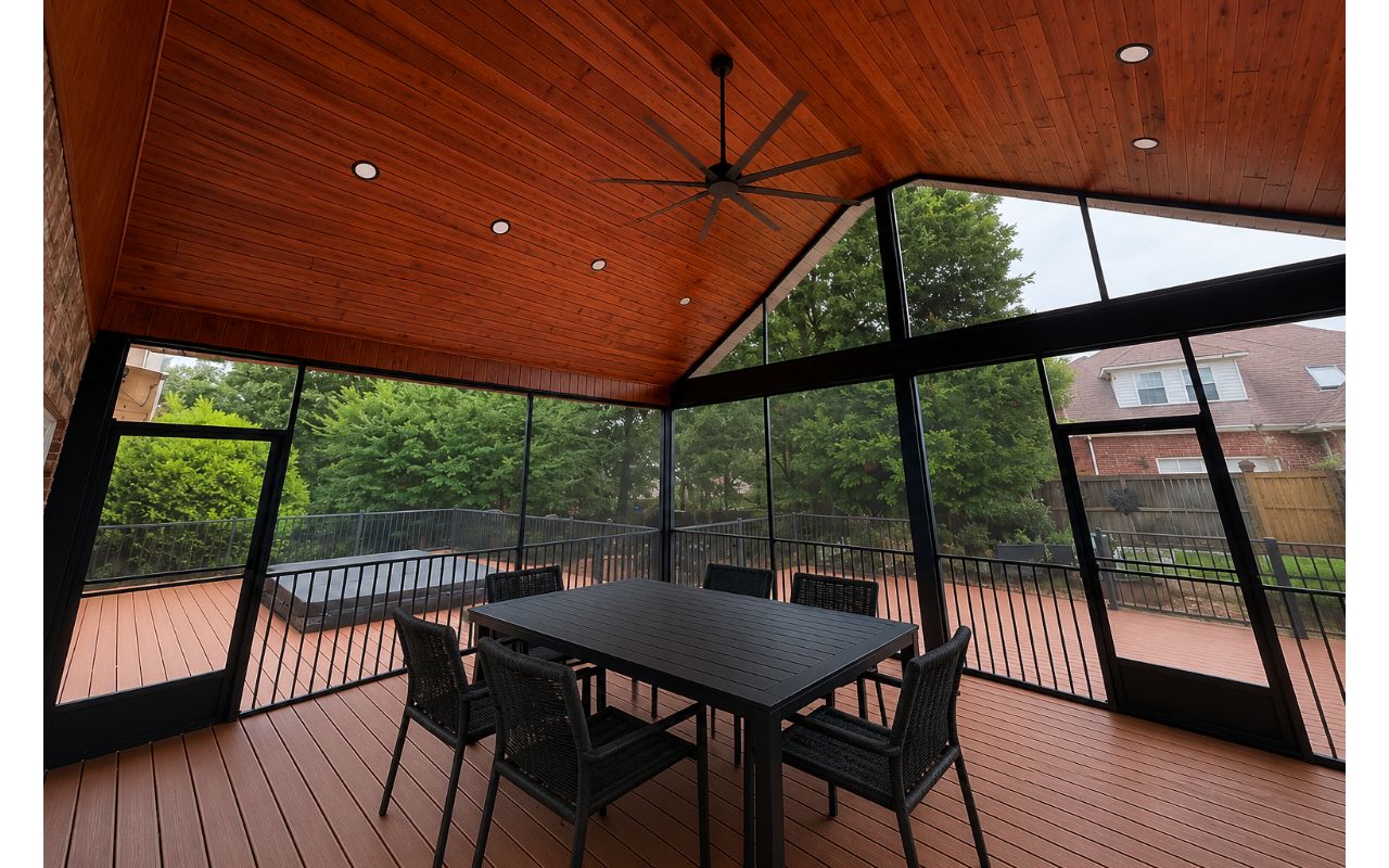 Hatteras covered deck with lap pool