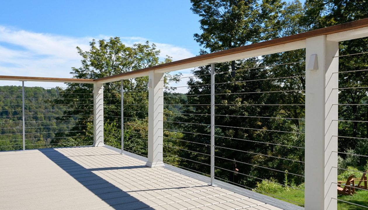 Modern and sleek Trex deck with durable cable wire railing, perfect for enjoying outdoor views with a contemporary touch