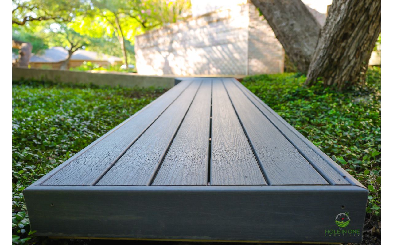 Close-up of a Trex composite boardwalk with a finished fascia edge