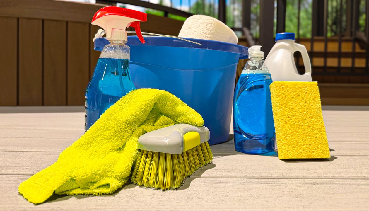 A collection of basic cleaning supplies out on a Trex deck with Trex railing in the background. 