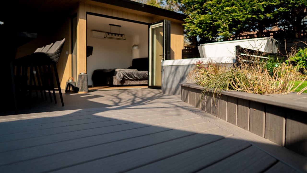 Trex signature Whidbey decking installed in this beautiful outdoor living space.