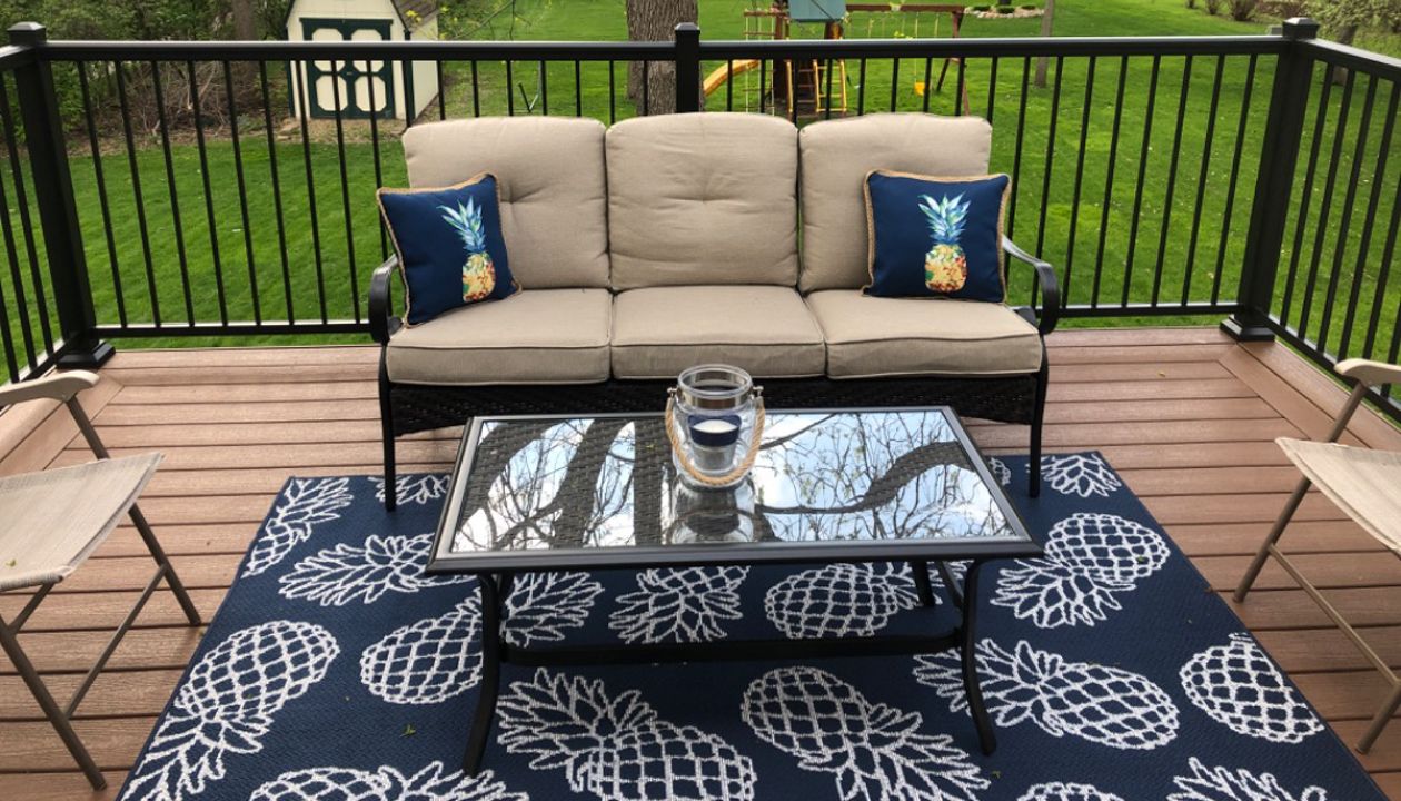 Low Maintenance Trex Enhance Basics Composite Decking, Beach Dune Color with Black Aluminum Railing