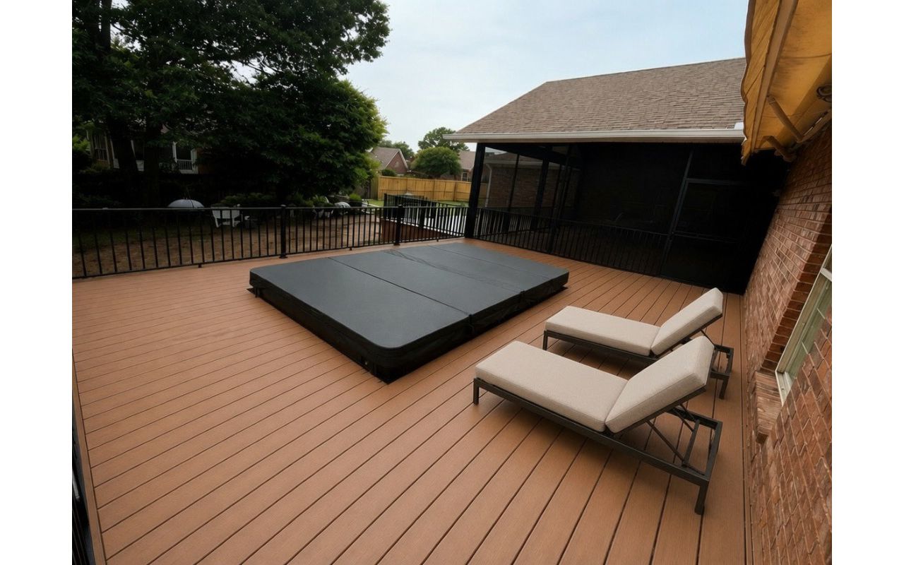 Hatteras covered deck with lap pool