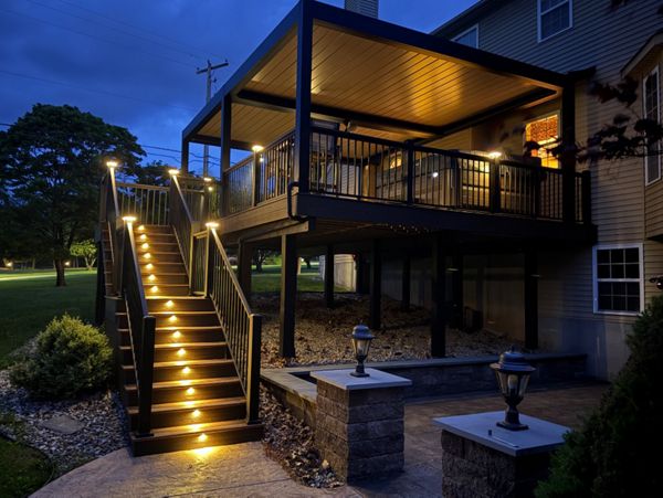 Spiced rum decking with signature aluminum railing and a louvered pergola