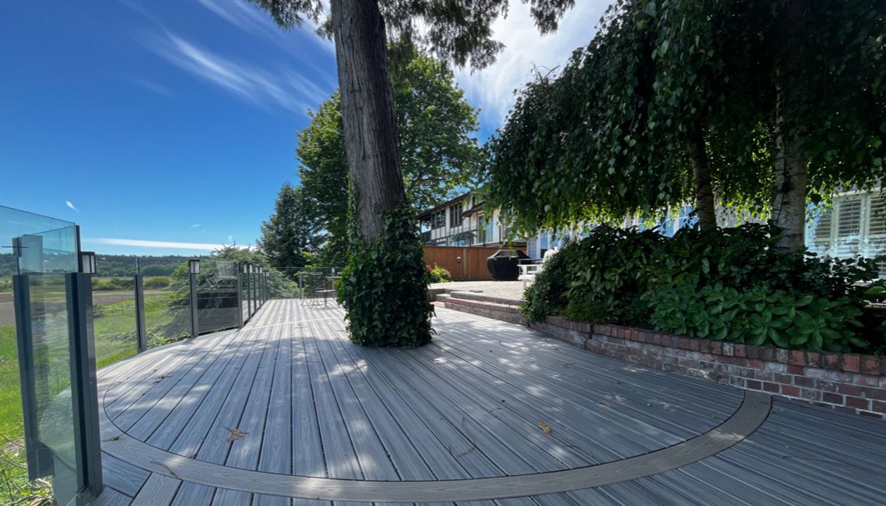 Island Mist field with Gravel Path inset perimeter, custom curved to a 10' radius.