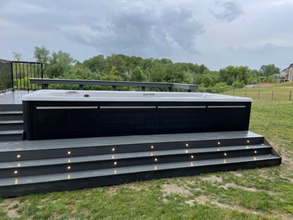 Newman Decks Trex composite, Swim Spa with Steps and Aluminum Picket Railings