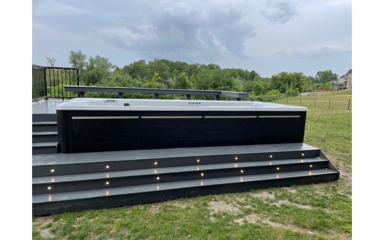 Newman Decks Trex composite, Swim Spa with Steps and Aluminum Picket Railings