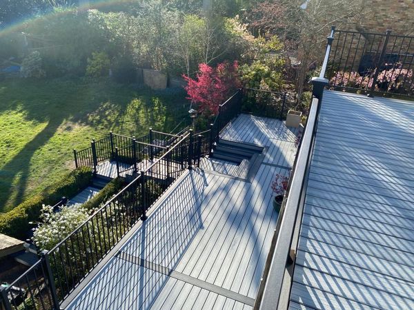 Multi level decking designed by Karl Harrison in Chorleywood using composite decking by Trex