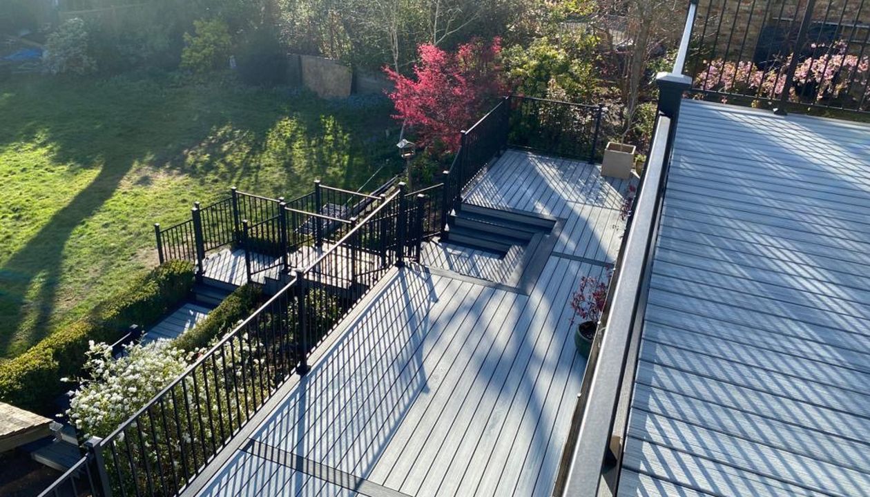 Multi level decking designed by Karl Harrison in Chorleywood using composite decking by Trex