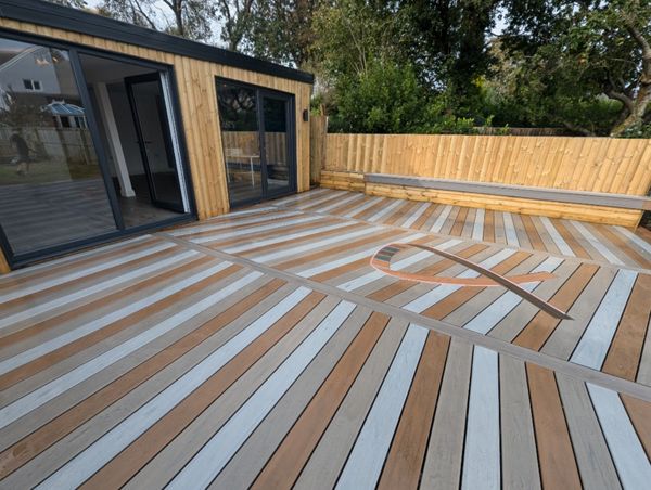 A combination of 3 Lineage colours Biscayne, Jasper and Rainier to make this beautiful deck with a cancer ribbon inlay