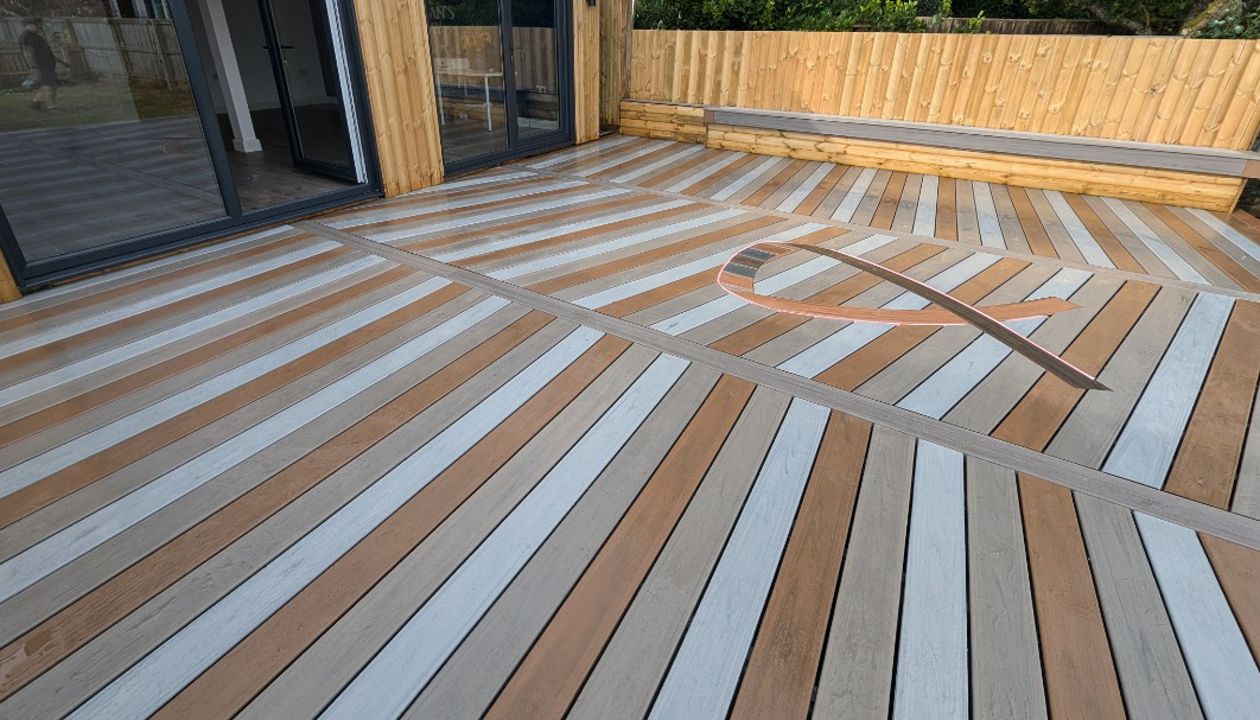 A combination of 3 Lineage colours Biscayne, Jasper and Rainier to make this beautiful deck with a cancer ribbon inlay
