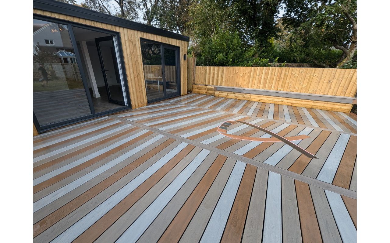 A combination of 3 Lineage colours Biscayne, Jasper and Rainier to make this beautiful deck with a cancer ribbon inlay