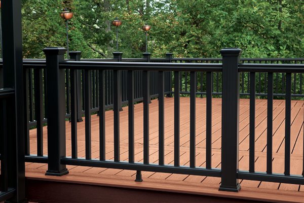 Bold black composite railing on Trex composite decking