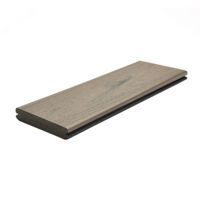 A single composite decking board with a wood-like texture and neutral gray tones. The board is displayed against a plain white background, highlighting its smooth edges and durable design. Ideal for outdoor flooring projects, it combines aesthetics with functionality.