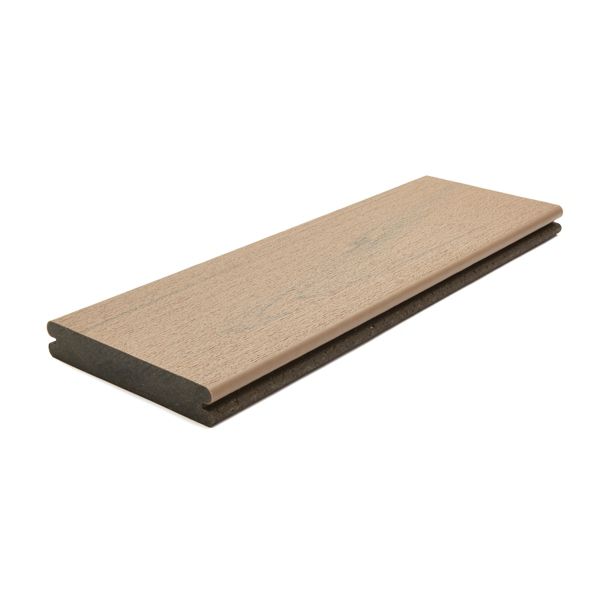 A single composite decking board is shown against a white background. The board features a light brown wood grain finish on the top surface and a darker core, highlighting its layered construction. The clean, isolated presentation emphasizes the material and texture, suitable for outdoor decking projects. No visible text or numbers are present on the board.