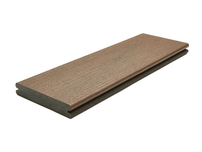 A single brown composite decking board is shown against a plain white background. The board features a smooth surface with a tongue-and-groove edge profile, suitable for outdoor flooring or decking projects. The neutral brown color and clean lines highlight its modern, functional design. No visible text, numbers, or logos are present on the board.