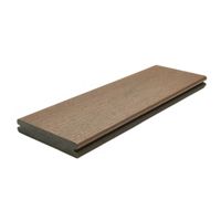 A single brown composite decking board is shown against a plain white background. The board features a smooth surface with a tongue-and-groove edge profile, suitable for outdoor flooring or decking projects. The neutral brown color and clean lines highlight its modern, functional design. No visible text, numbers, or logos are present on the board.