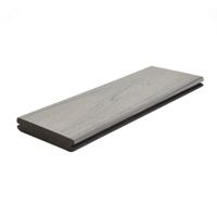 A single gray composite decking board is displayed against a plain white background. The board features a woodgrain texture and a grooved edge, suitable for outdoor decking installations. The neutral gray color and clean lines highlight its modern, durable design. No visible text, numbers, or identifiable branding are present.