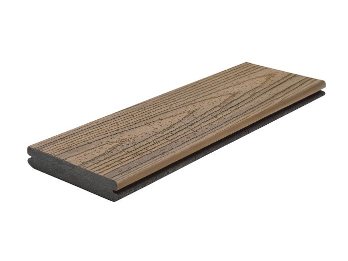 A single composite decking board with a wood-grain texture, designed for outdoor use. The board features a dual-tone finish with brown and dark gray hues. Ideal for patios, decks, and other exterior flooring applications. No visible text or numeric values are present.