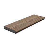 A single composite decking board with a wood-grain texture, designed for outdoor use. The board features a dual-tone finish with brown and dark gray hues. Ideal for patios, decks, and other exterior flooring applications. No visible text or numeric values are present.
