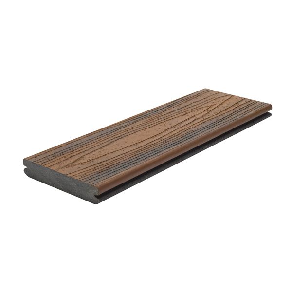 A single composite decking plank with a realistic wood grain texture in a warm brown tone. The plank features a grooved edge for easy installation and durability. Ideal for outdoor decking projects, it combines style and functionality.