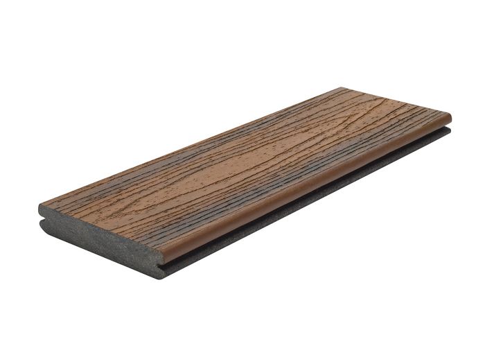 A single composite decking plank with a realistic wood grain texture in a warm brown tone. The plank features a grooved edge for easy installation and durability. Ideal for outdoor decking projects, it combines style and functionality.