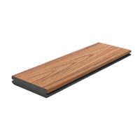 A single composite decking plank featuring a realistic wood grain texture in a warm brown tone. The plank is designed with a durable core and smooth edges, ideal for outdoor flooring applications. Its clean and modern design emphasizes functionality and style.
