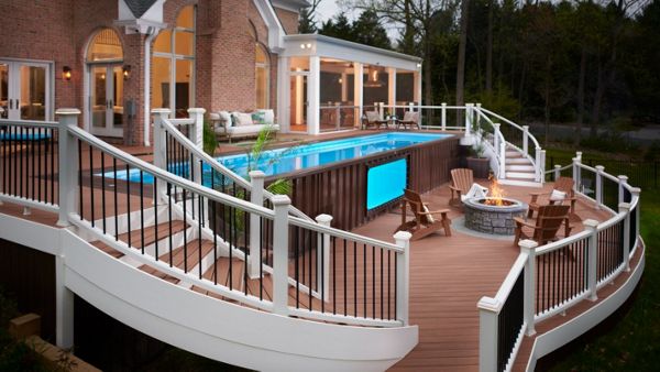 Tiered deck and porch with shipping container pool on lower deck Dayton, MD