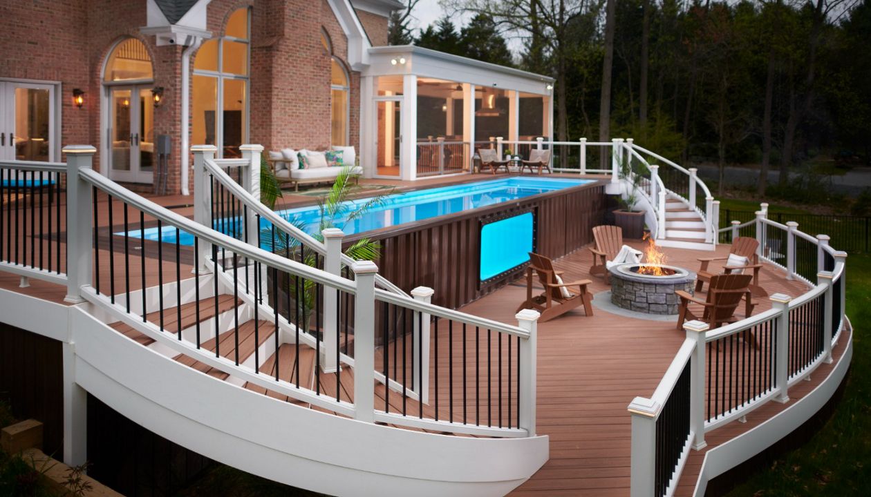 Tiered deck and porch with shipping container pool on lower deck Dayton, MD
