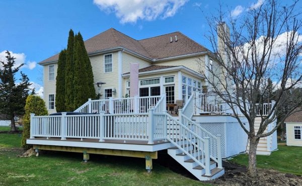 Merrimac, MA Professional Building Services Dual Staircase, Jacuzzi Support Deck in Select Saddle with Select White Railing