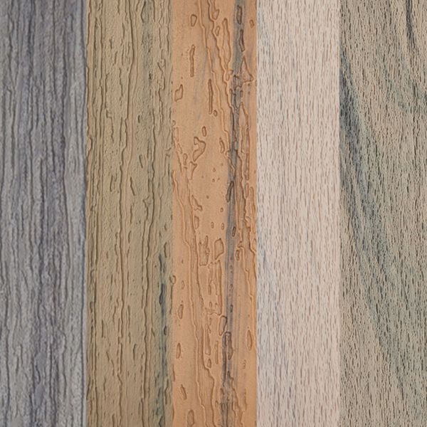 A close-up view displays five vertical wood panels, each featuring distinct grain patterns and natural color variations. The setting is a neutral, well-lit environment, emphasizing the organic textures and tones of the wood. The image highlights a range of hues from cool gray to warm brown and beige, showcasing the diversity of wood finishes. No visible text, numbers, or identifiable brands are present.