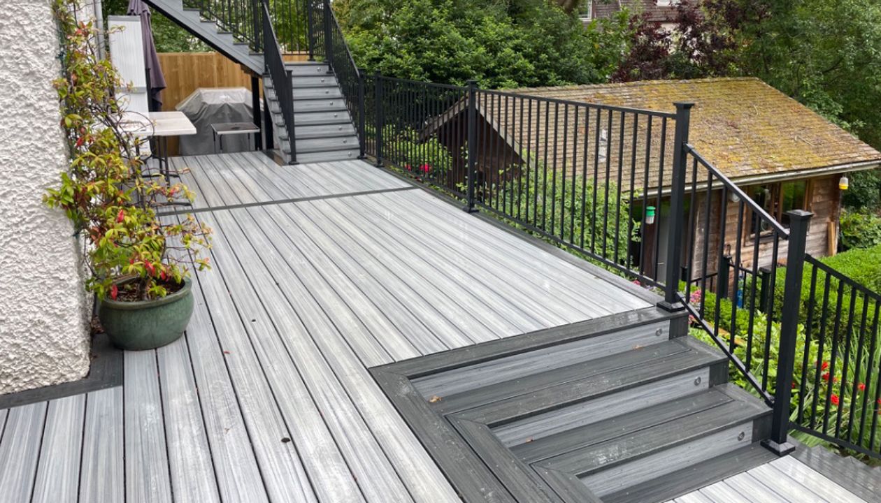 Chorleywood Trex composite decking in 5 levels, staircase and balustrade by Karl Harrison