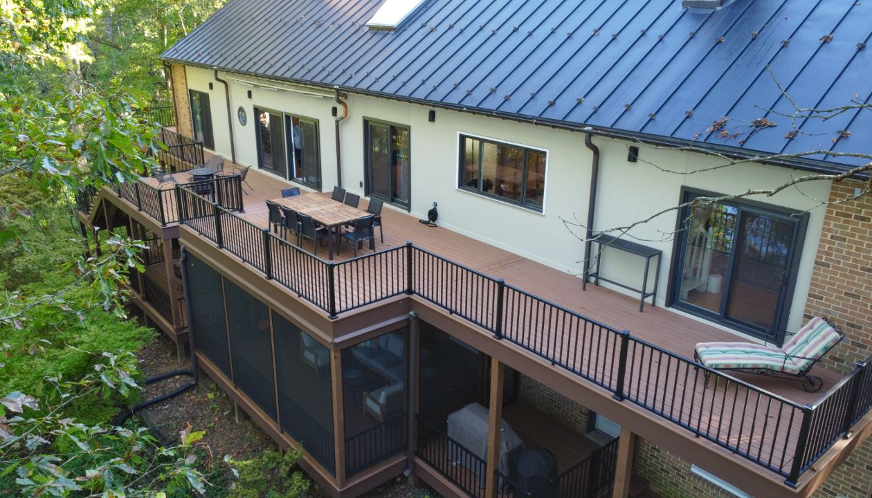 Tiki Torch with Signature Black 2 Story Deck, Steps and Screen Porch