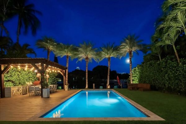 Nighttime pool and palm tree shot