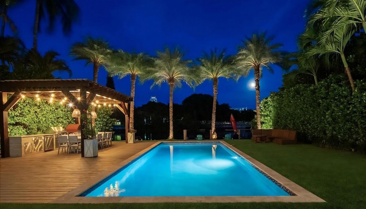 Nighttime pool and palm tree shot