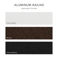 Image displays three textured color swatches for aluminum railing. The available colors shown are Classic White, Bronze, and Charcoal Black. Each color is labeled clearly against a neutral background, highlighting the surface finish and texture. The text 'ALUMINUM RAILING' and 'AVAILABLE COLORS' appears at the top.