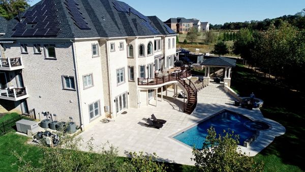 Curved deck and steps to linear patio and pool Clarksville, MD