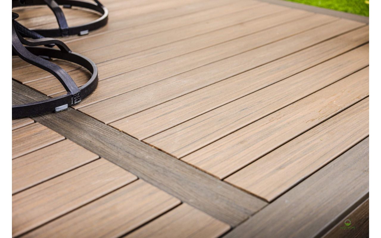 Close-up of Trex composite decking with a contrasting accent inlay board