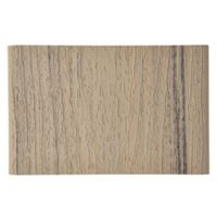 A rectangular composite decking board sample is shown from above, featuring a beige color with subtle brown and gray streaks. The surface displays a wood grain texture, mimicking natural wood patterns. The board is photographed against a plain background, highlighting its material and finish. No visible text, numbers, or logos are present.