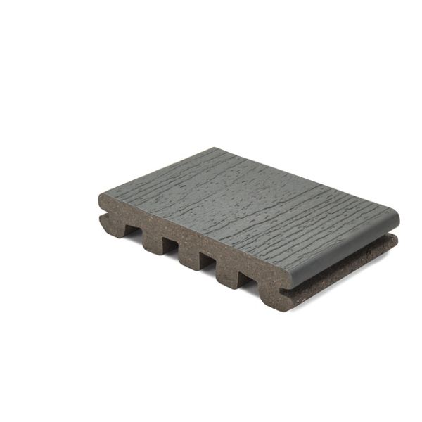 A single piece of gray composite decking board is displayed against a white background. The board features a wood grain texture on the surface and a grooved underside for installation. The sample is shown in a clean, isolated studio setting, highlighting its material and construction details. No visible text, numbers, or branding are present in the image.
