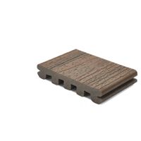 A single piece of composite deck board is displayed against a plain white background. The board features a wood grain texture and a brown color, with visible grooves on the underside. The image highlights the material's structure and surface detail, making it suitable for construction or outdoor decking projects. No visible text or numbers are present.