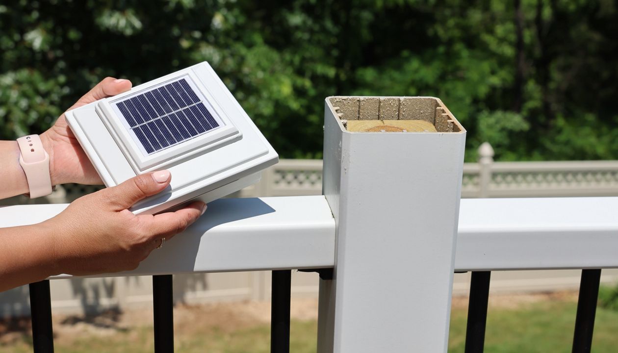 A person is holding a solar-powered post cap, preparing to install it on a white outdoor railing post. The scene is set in a sunny backyard with green grass and trees in the background. The solar panel is clearly visible on the cap, and the post is open at the top, ready for installation. The image conveys a sense of DIY activity and sustainable energy use.