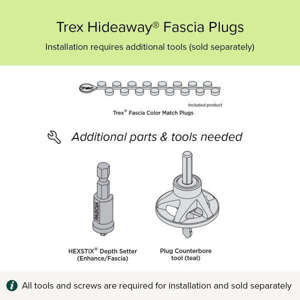 Instructional graphic for Trex Hideaway fascia plugs installation. The image highlights that installation requires additional tools sold separately. It shows Trex fascia color match plugs, a HEXSTIX depth setter for enhance and fascia, and a plug counterbore tool in teal. A note at the bottom states that all tools and screws are required for installation and sold separately.