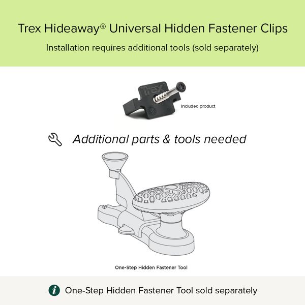 Instructional graphic for Trex Hideaway Universal Hidden Fastener Clips. The image explains that installation requires additional tools that are sold separately. A small photo shows an included fastener clip, while a larger line drawing highlights a one-step hidden fastener tool. Text at the bottom reiterates that the one-step hidden fastener tool is sold separately.